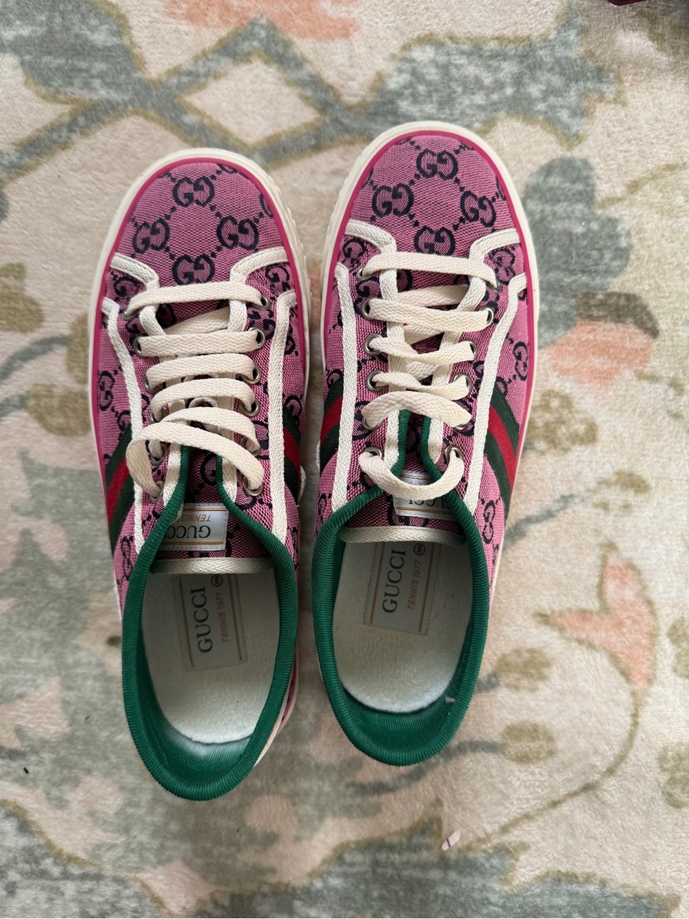 Gucci Pink GG Canvas Low Top Sneaker with Green Web Stripe